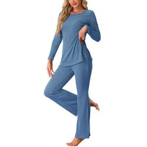 Ribbed Knit Long Sleeves Top and Pants Pajama Two Piece Matching Set Blue